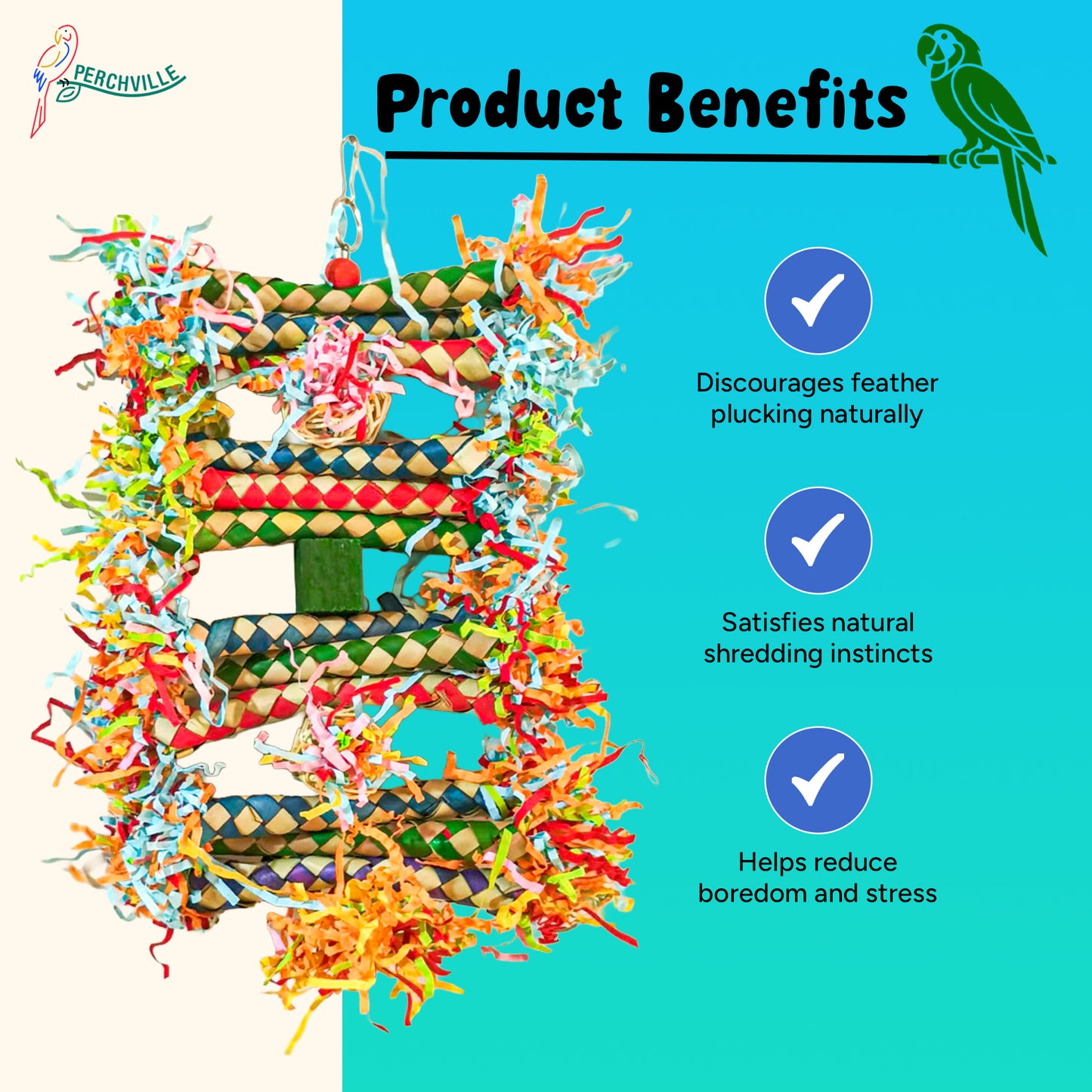 Perchville Bird Foraging Wall Toy Colorful Shredder Climbing Mat With Woven Bamboo For Cockatiels Conure Parakeets Lovebird