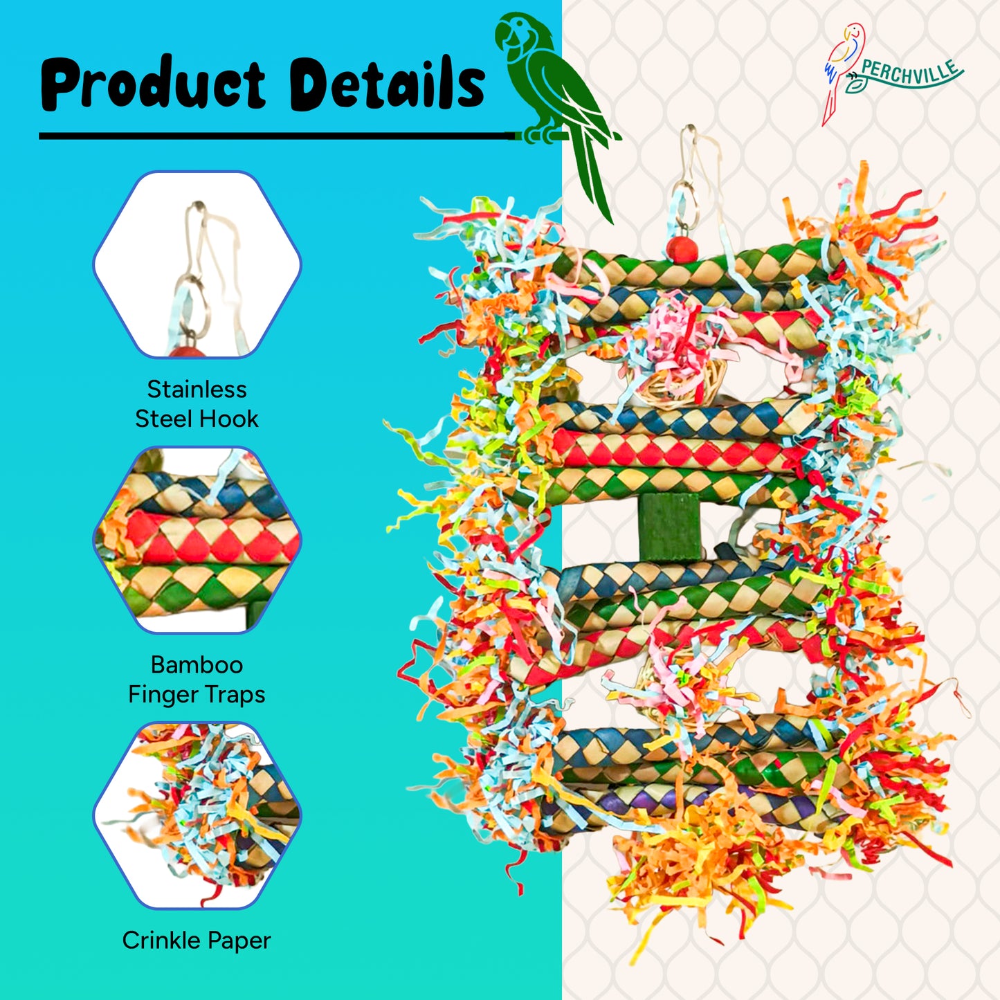 Perchville Bird Foraging Wall Toy Colorful Shredder Climbing Mat With Woven Bamboo For Cockatiels Conure Parakeets Lovebird
