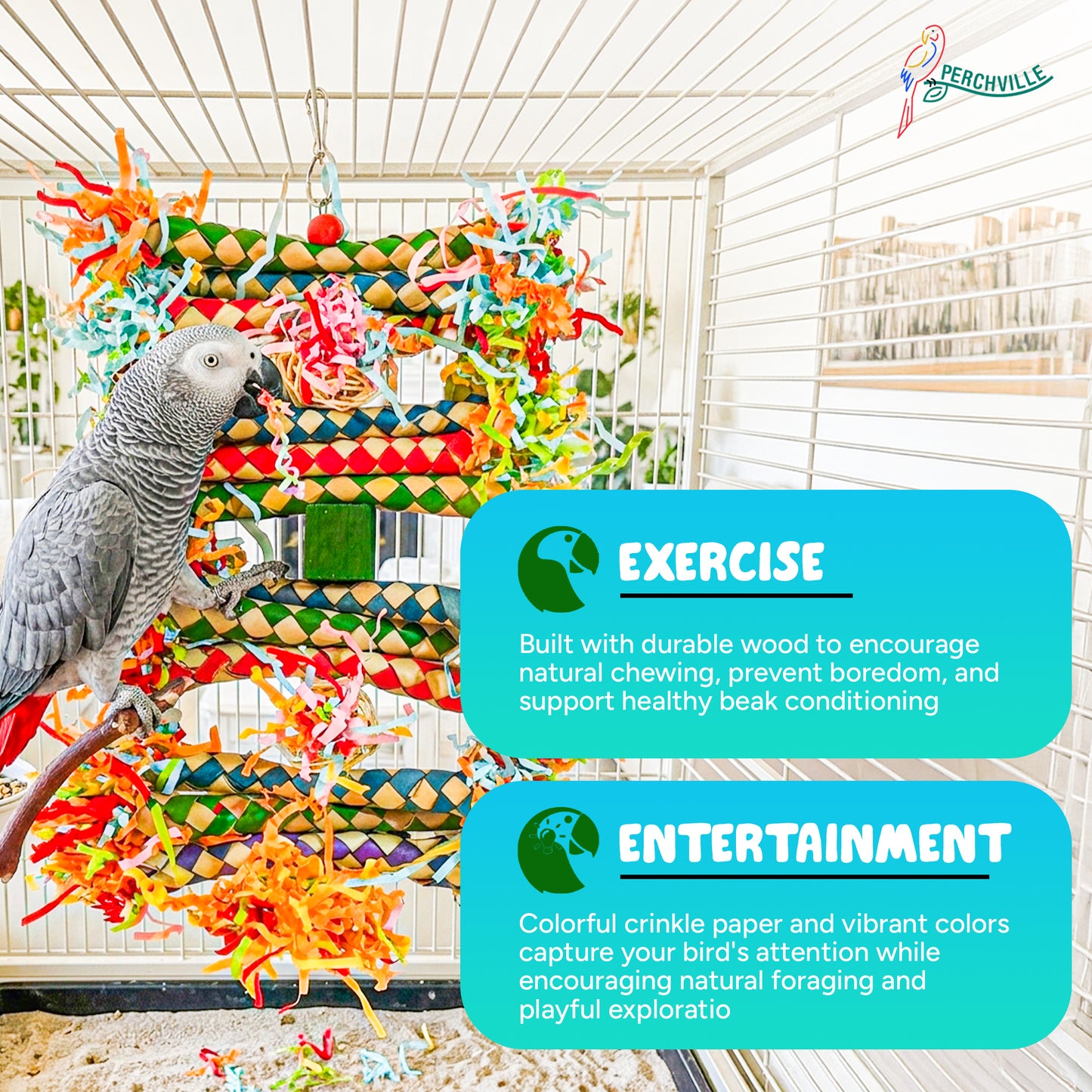 Perchville Bird Foraging Wall Toy Colorful Shredder Climbing Mat With Woven Bamboo For Cockatiels Conure Parakeets Lovebird