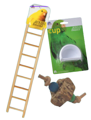 Perchville 3 In 1 Birdie bundle - Featuring a Ladder, Food Cup & Foot Toy
