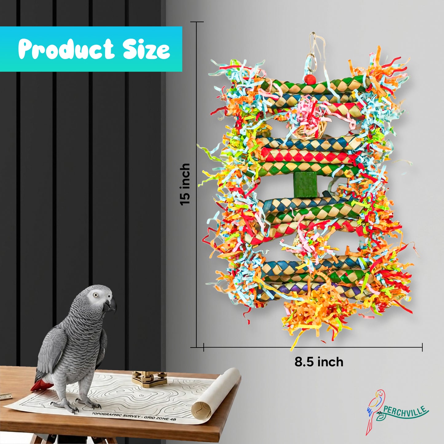 Perchville Bird Foraging Wall Toy Colorful Shredder Climbing Mat With Woven Bamboo For Cockatiels Conure Parakeets Lovebird
