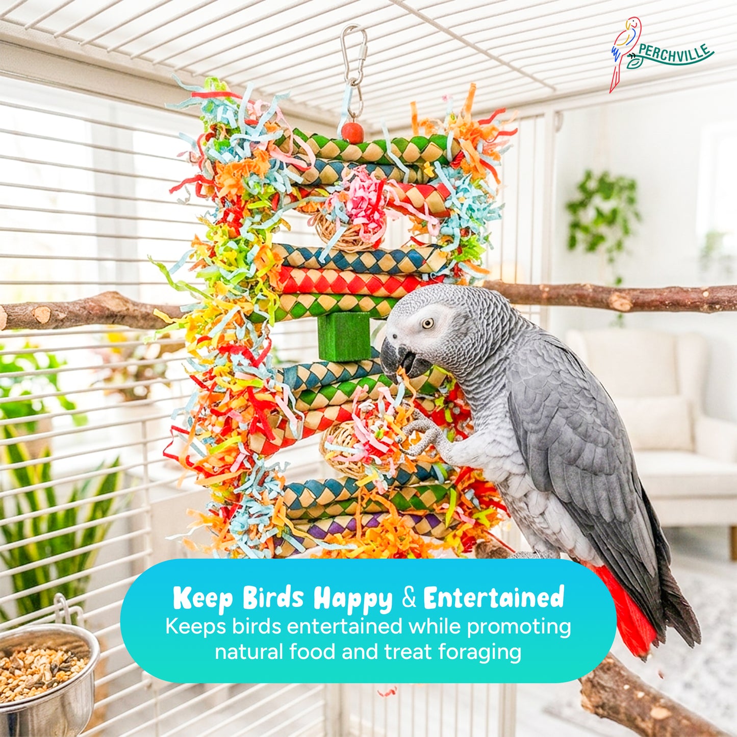 Perchville Bird Foraging Wall Toy Colorful Shredder Climbing Mat With Woven Bamboo For Cockatiels Conure Parakeets Lovebird